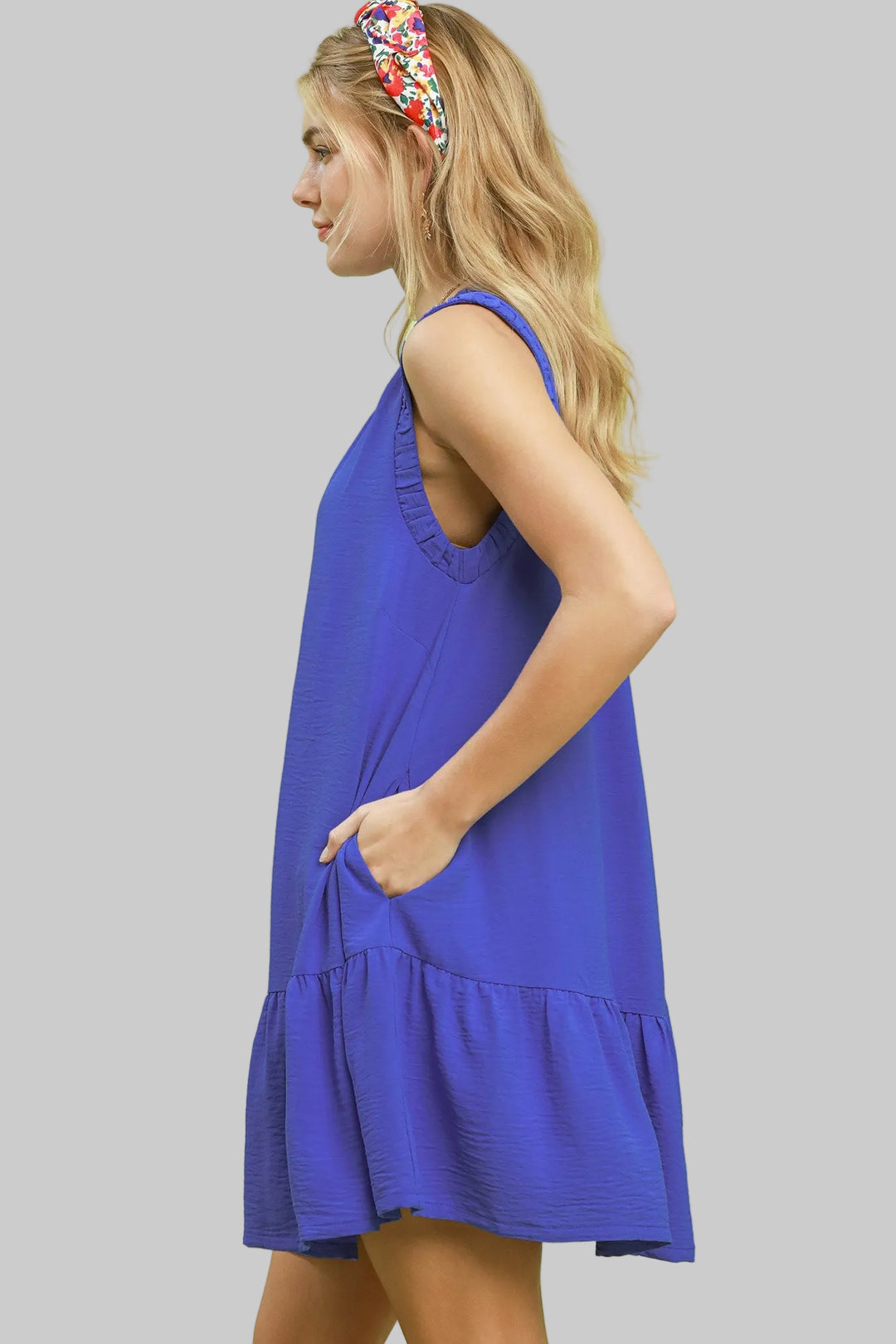 SLEEVELESS ROUND NECK SHORT DRESS - SAPPHIRE