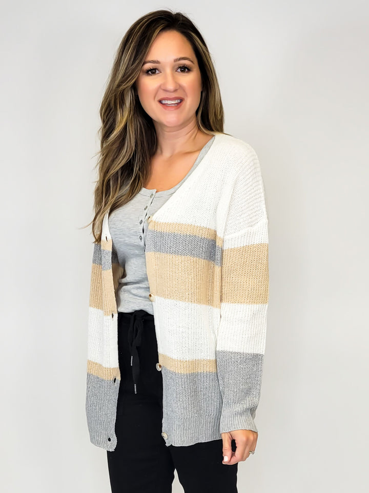 Color Block Sweater Cardigan - Taupe Ivory