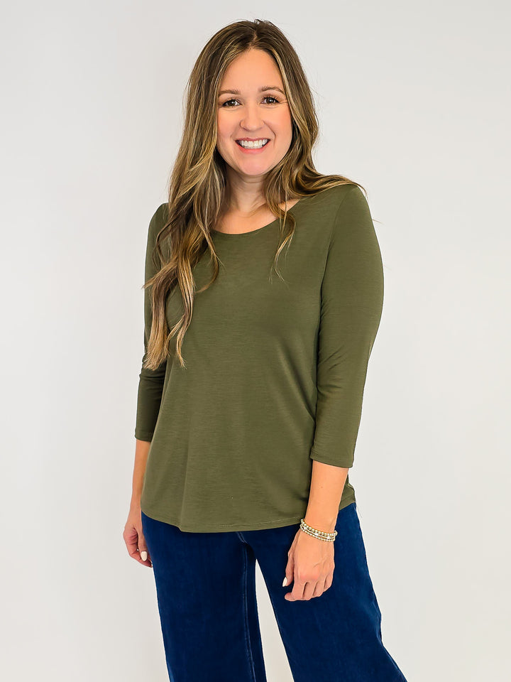 DEAR SCARLETT ROUND NECK 3/4 SLEEVE TOP - OLIVE