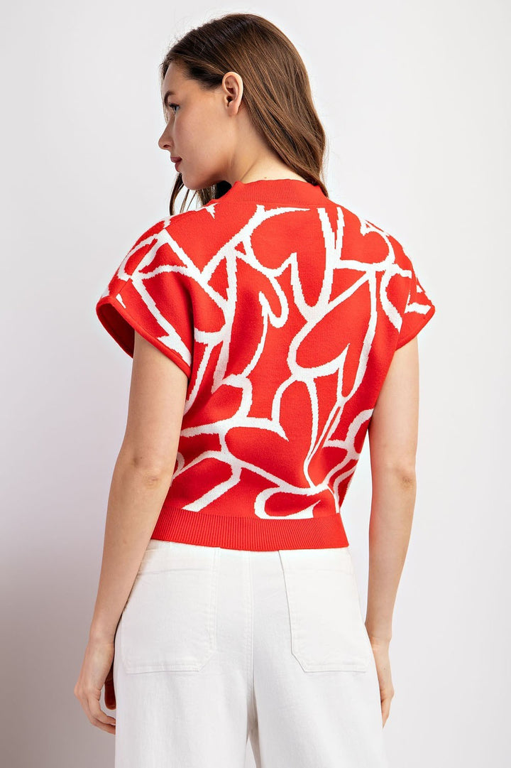 SHORT SLEEVE HEART PATTERN TOP - TOMATO