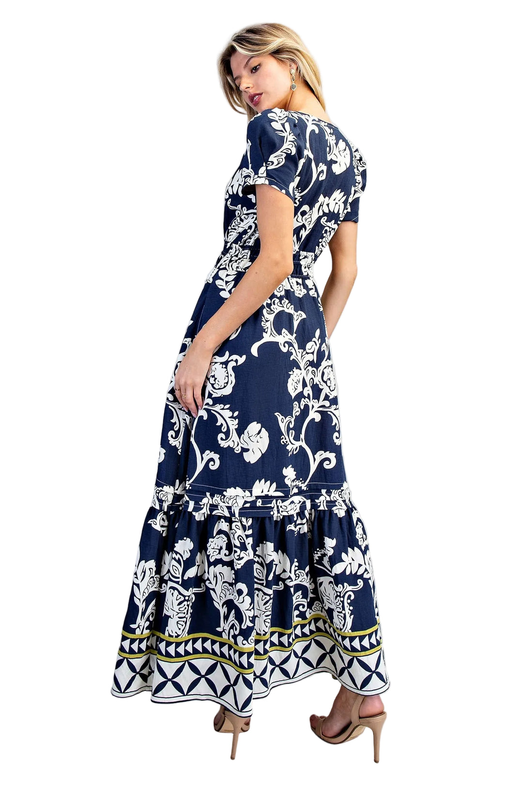 PRINTED ELASTIC WAIST MAXI DRESS - SAPPHIRE VEIL