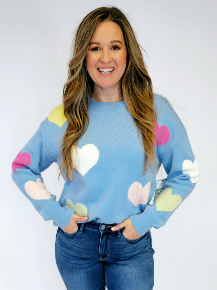 MULTI COLOR HEARTS PULLOVER SWEATER - BLUE