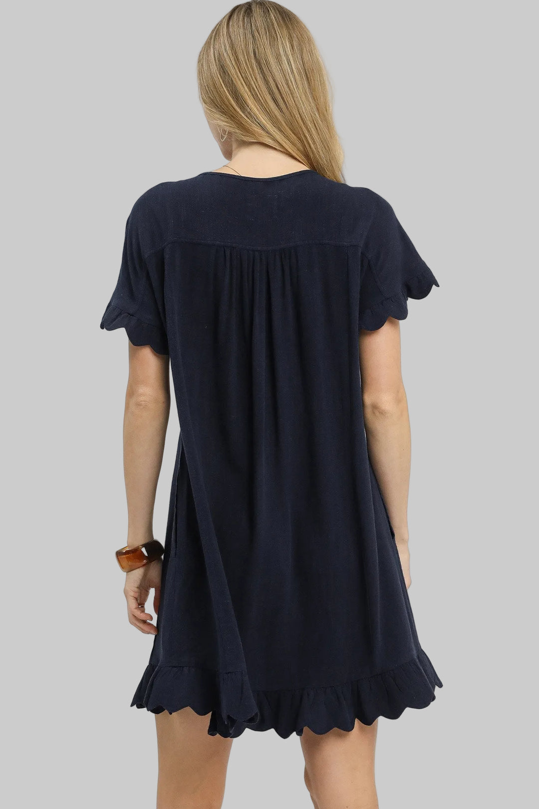 LINEN BLEND POCKET DRESS W/SCALLOPED EDGE - MIDNIGHT