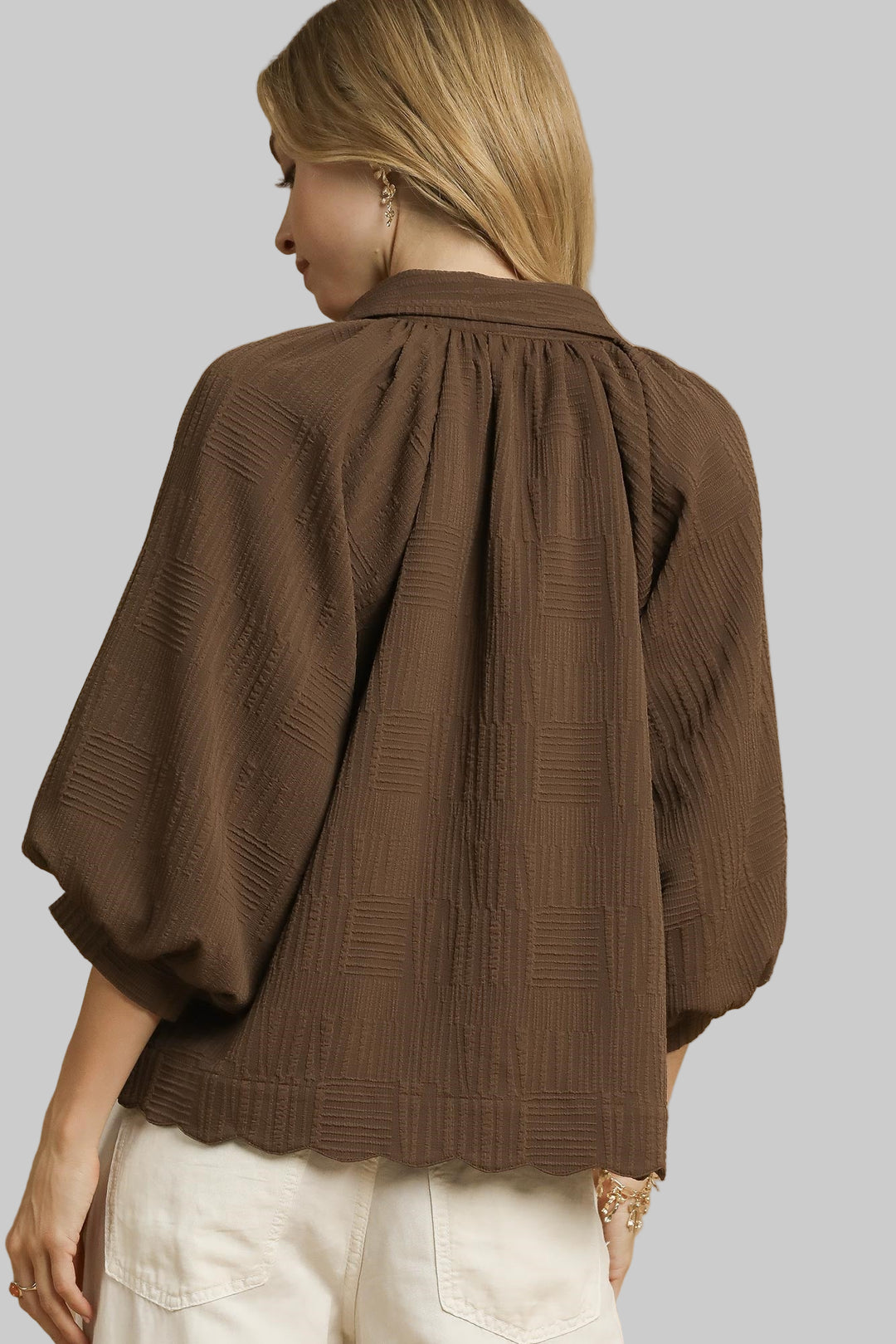 TEXTURED V-NECK COLLARED BLOUSE - BROWN