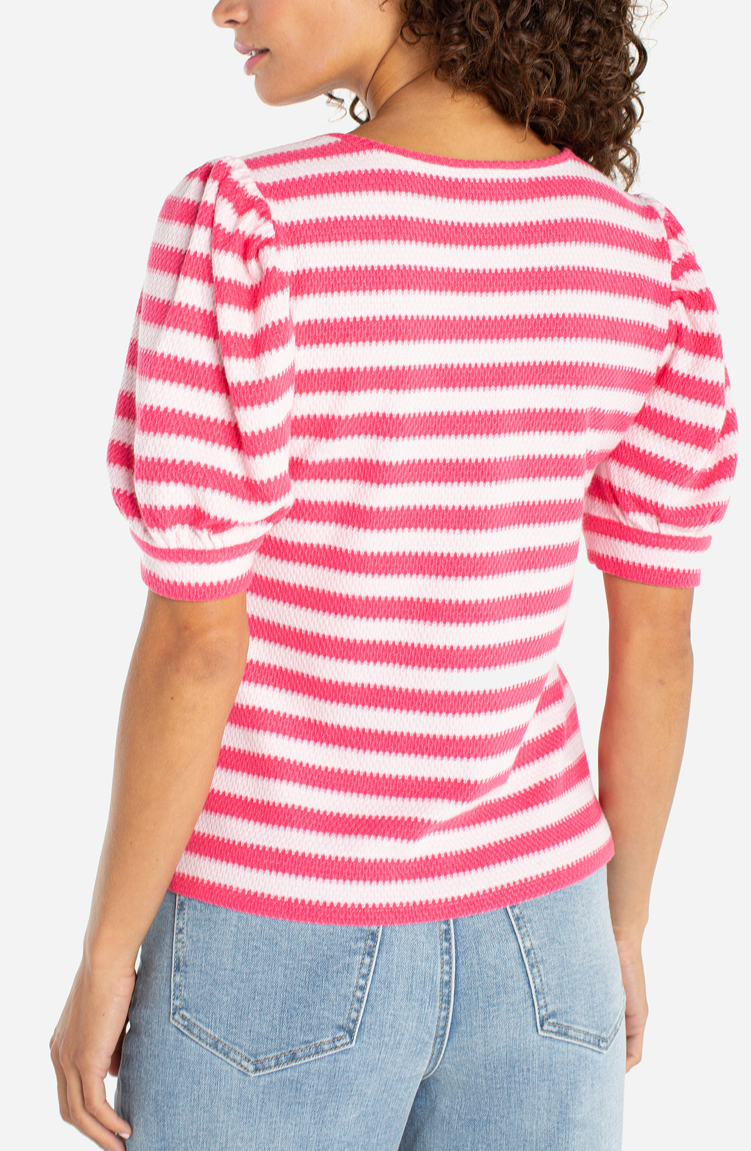 HALF SLEEVE SCOOP NECK KNIT TOP - PINK MULTI STRIPE