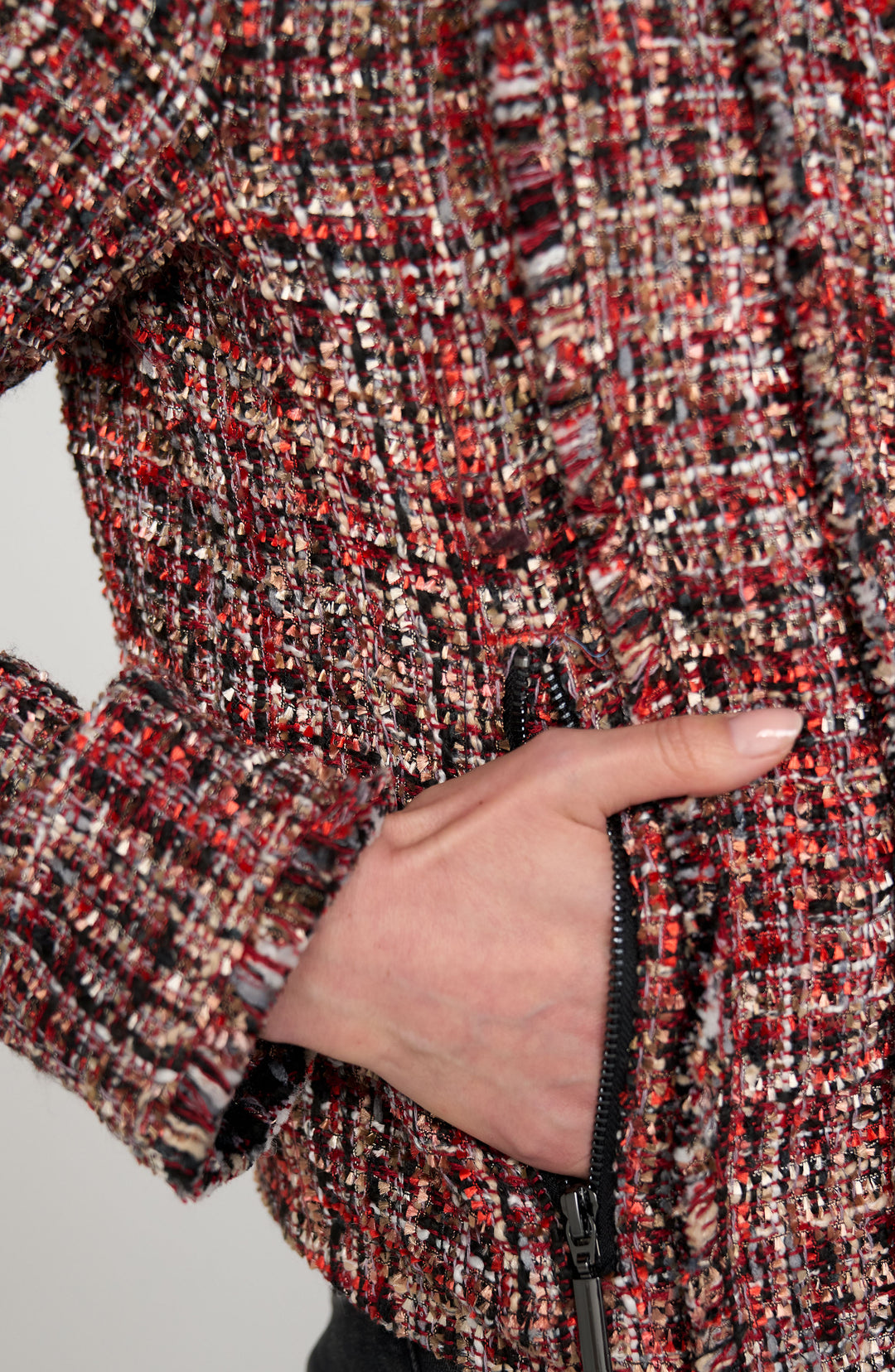 COLLARED ZIP JACKET W/FRINGE - RED MULTI