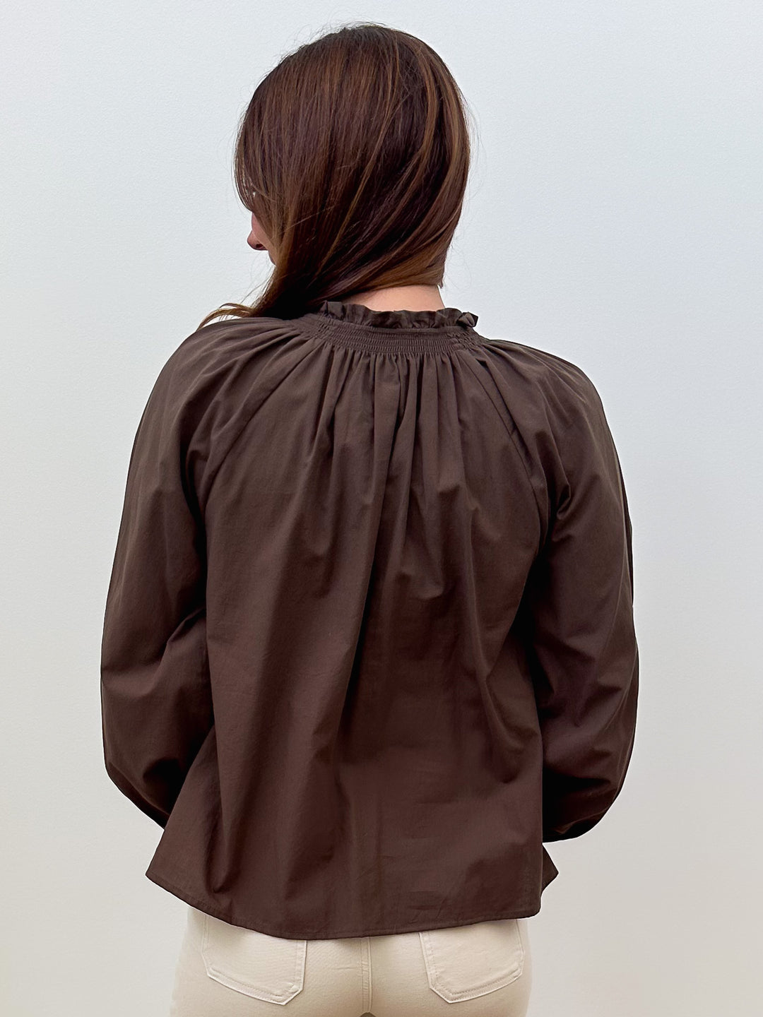 L/S RUFFLE NECK SELF TIE EMBROIDERED BLOUSE - BROWN