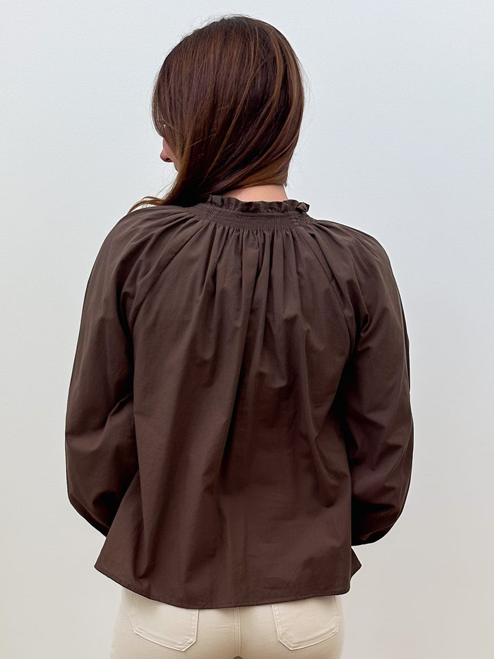 L/S RUFFLE NECK SELF TIE EMBROIDERED BLOUSE - BROWN