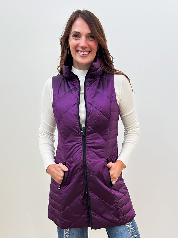 ANORAK CHEVRON QUILTED PACKABLE PUFF VEST W/BAG - MULBERRY