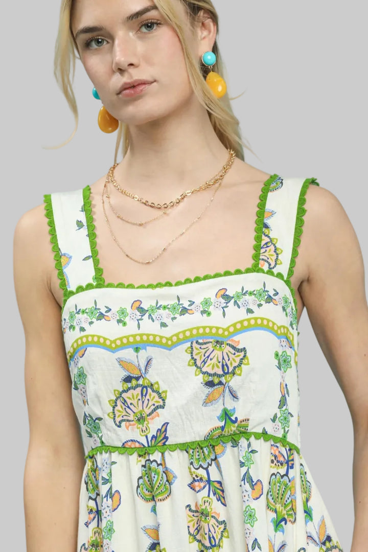 WIDE STRAP FLORAL PRINT TIERED MIDI DRESS - GREEN