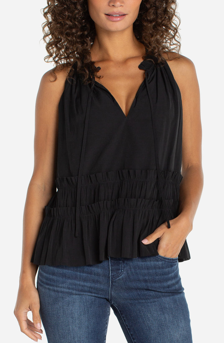 SLEEVELESS WOVEN TOP W/RUFFLES - BLACK