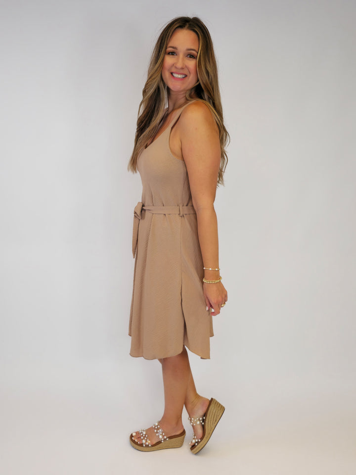 SOLID TANK SHORT DRESS W/TIE - BEIGE