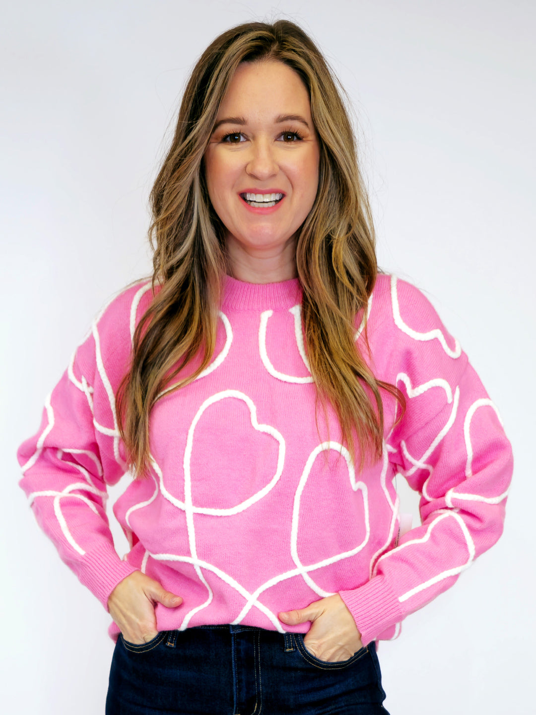 LONG SLEEVE EMBROIDERED HEARTS SWEATER - CANDY PINK