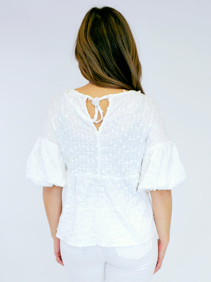 SWISS DOT PEPLUM BELL SLEEVE TOP - WHITE