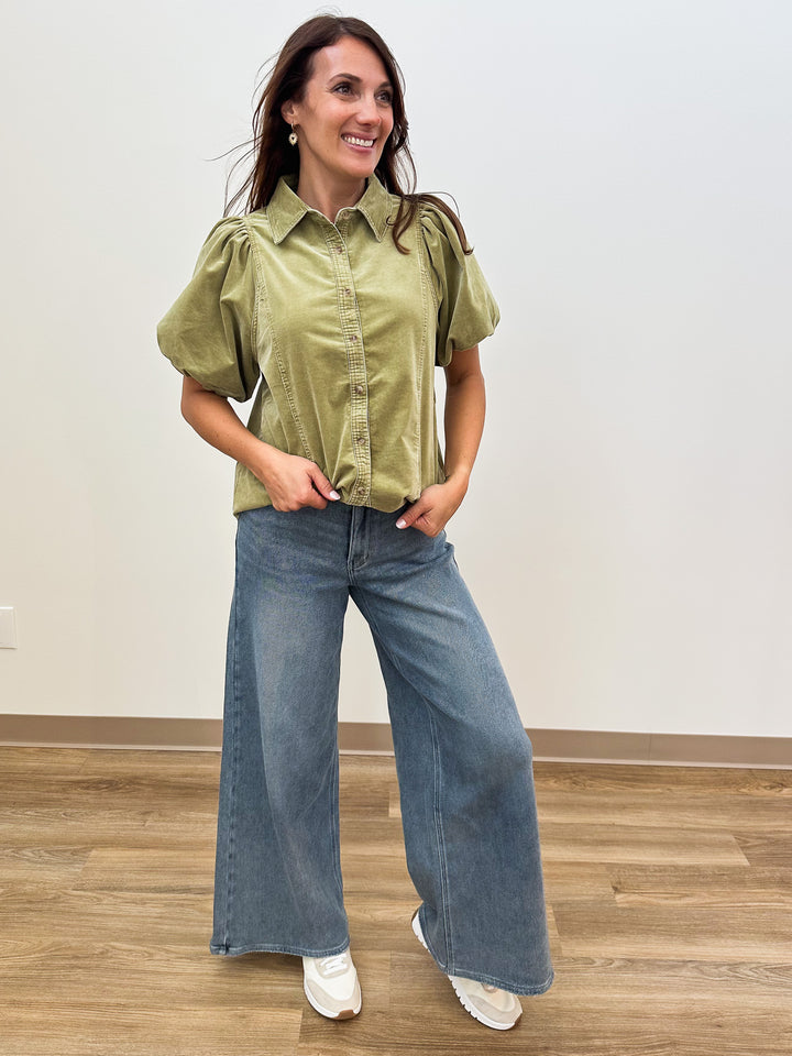 BUBBLE SLEEVE STRIPED MINERAL WASHED DENIM SHIRT - GREEN TEA