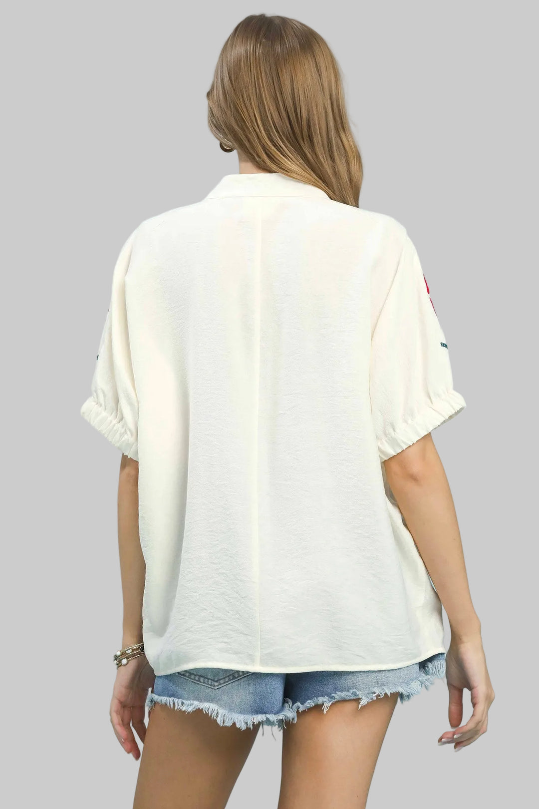 PUFF SHORT SLEEVE EMBROIDERED TOP - CREAM