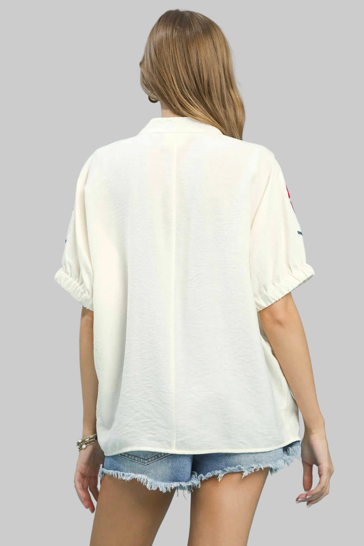 PUFF SHORT SLEEVE EMBROIDERED TOP - CREAM