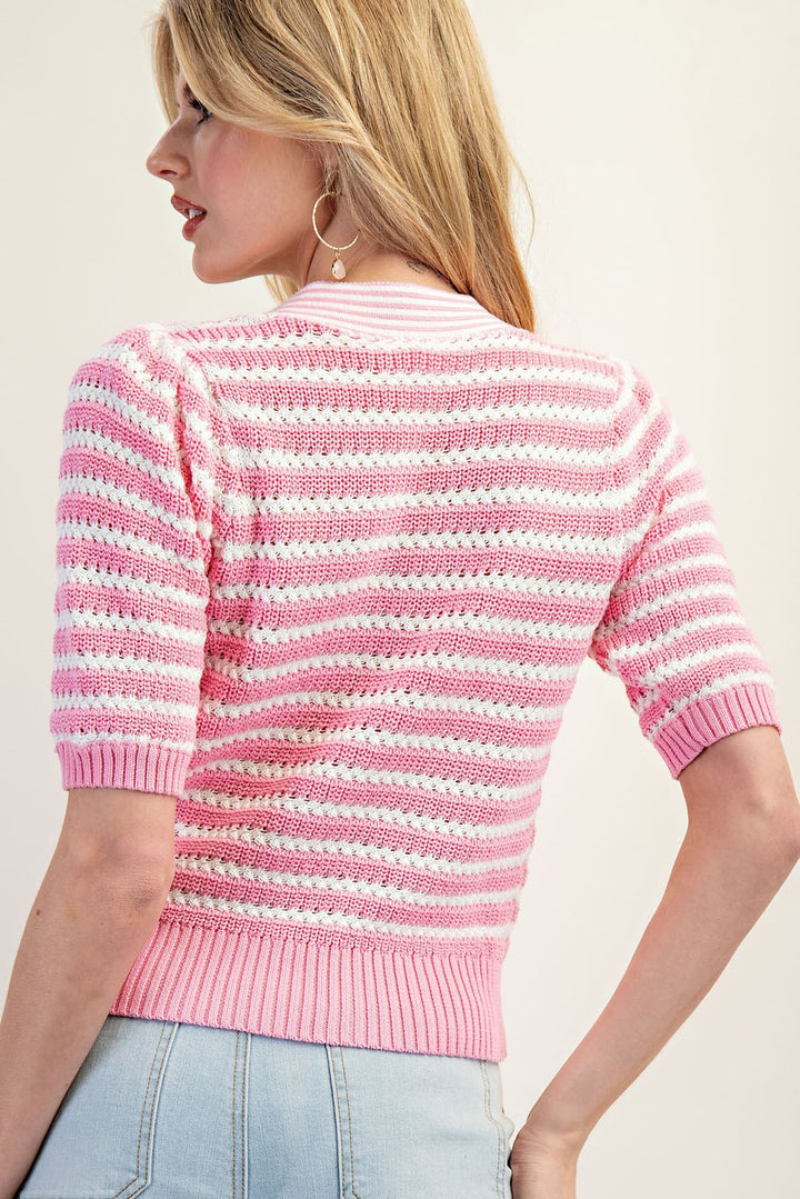 STRIPED V-NECK KNIT CARDIGAN - SWEET PINK