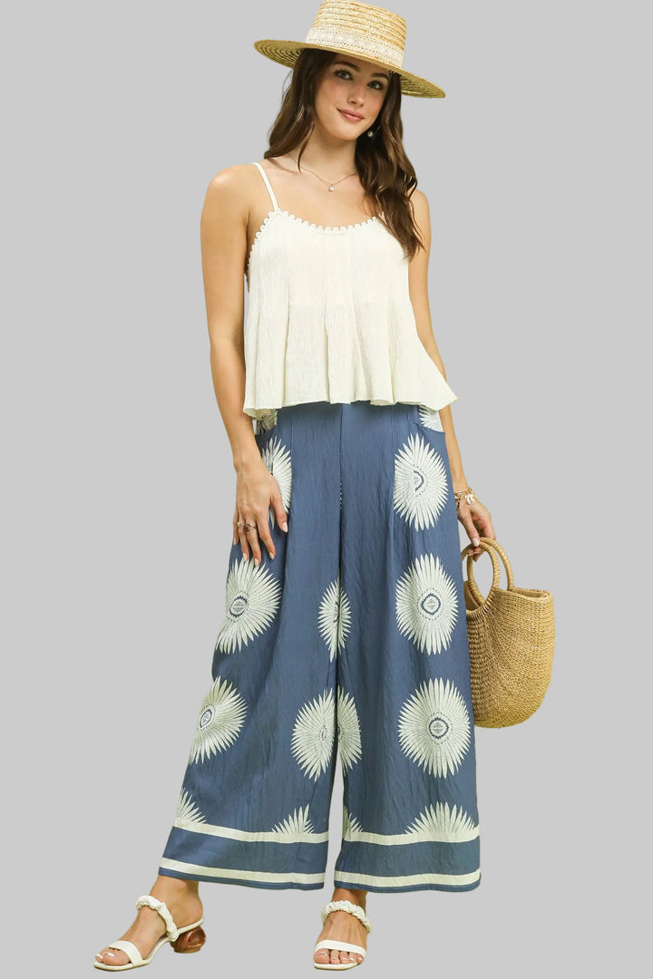 ABSTRACT BORDER PRINT PLEAT DETAIL PANTS - DENIM BLUE