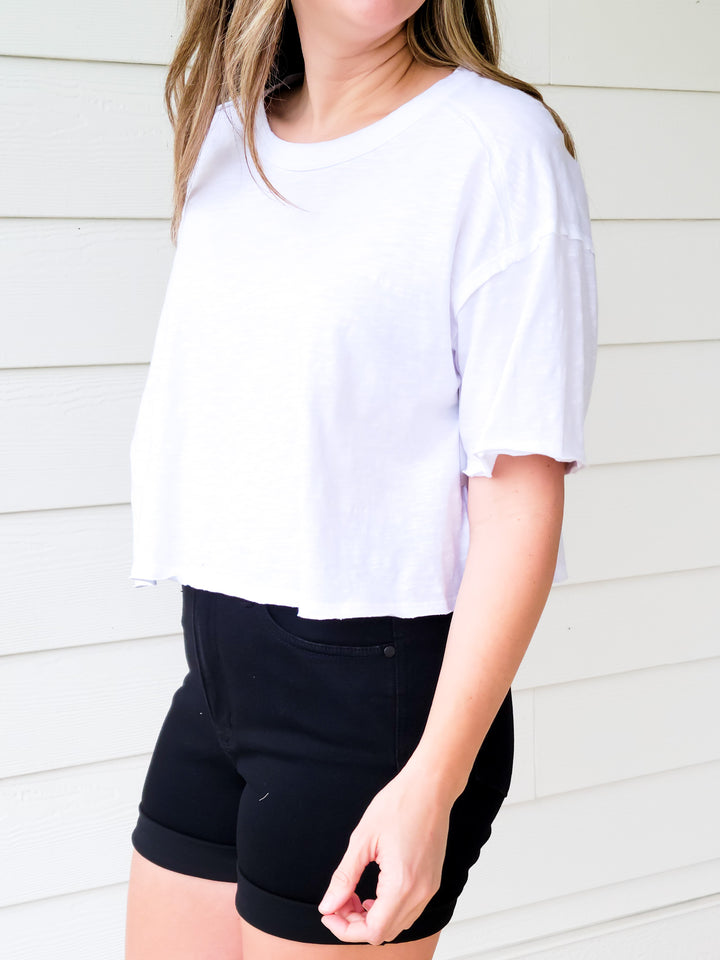 SHORT SLEEVE CROPPED BOXY TOP - WHITE