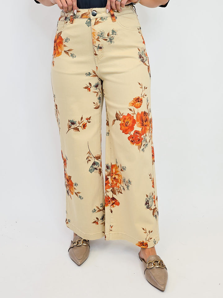 FLOWER PRINT STRETCH WASHED TWILL PANTS - KHAKI