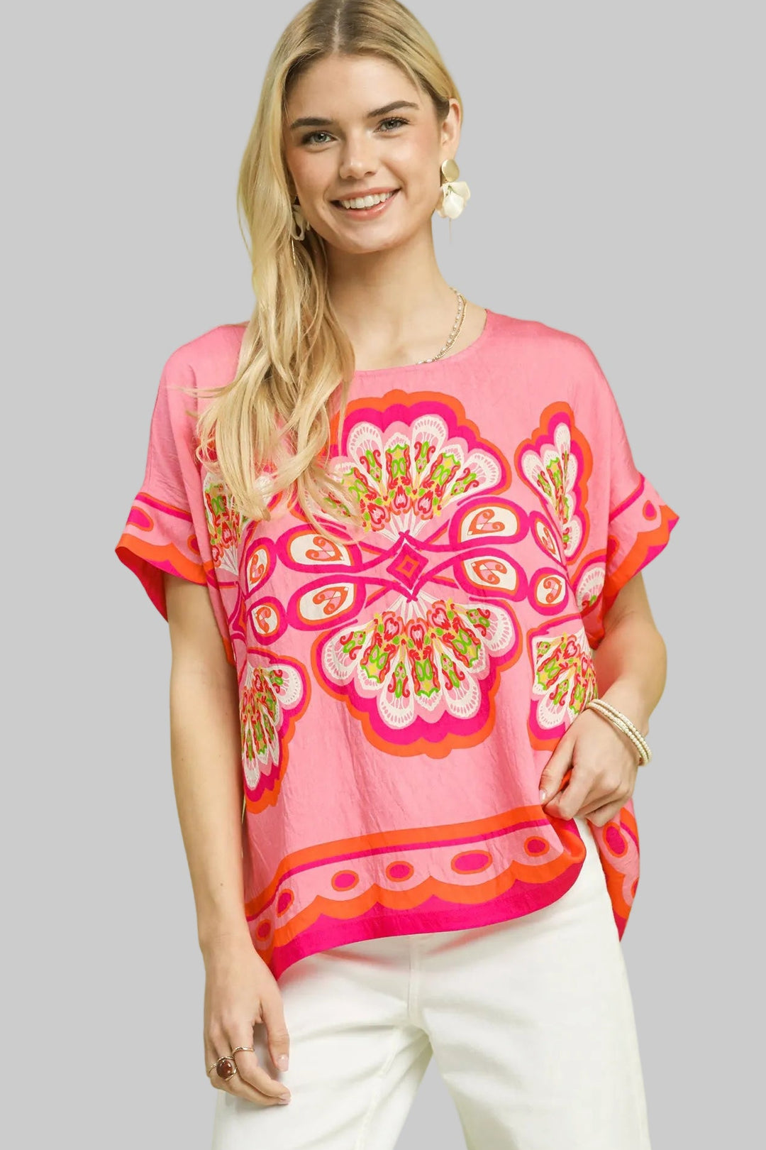 SHORT DOLMAN SLEEVE MIX MEDALLION PRINT TOP - FUCHSIA MIX