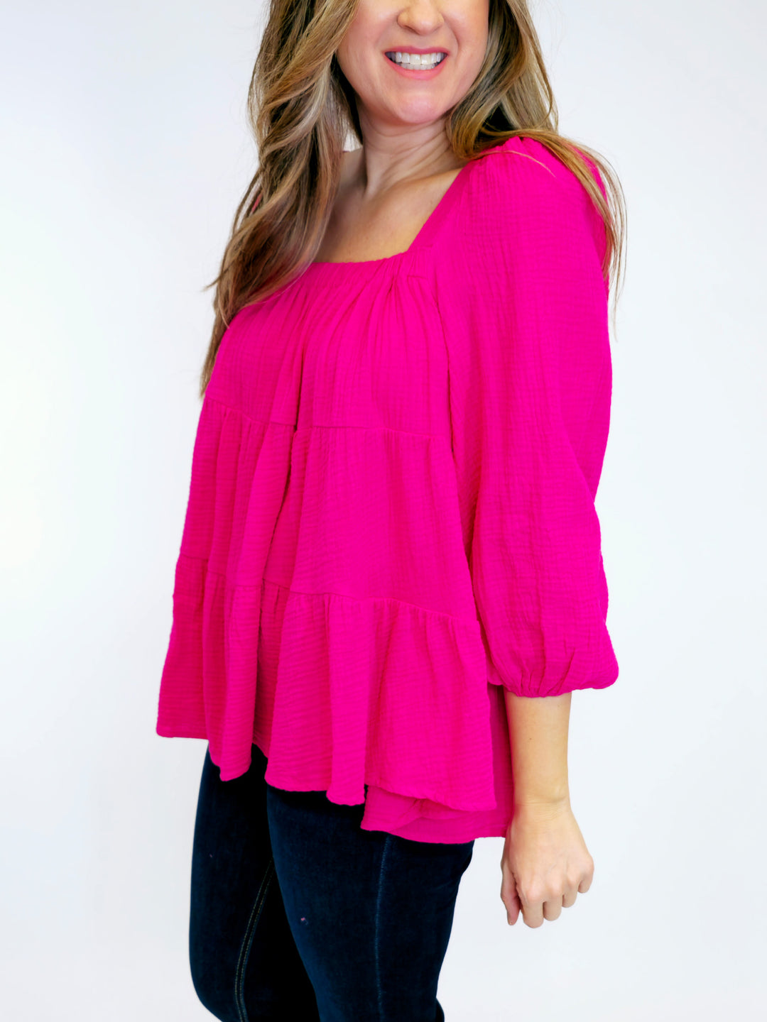 3/4 SLEEVE TIERED GAUZE TOP - FUCHSIA