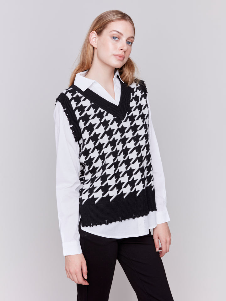 HOUNDSTOOTH FOOLER VEST W/SHIRT COLLAR - PEPPER