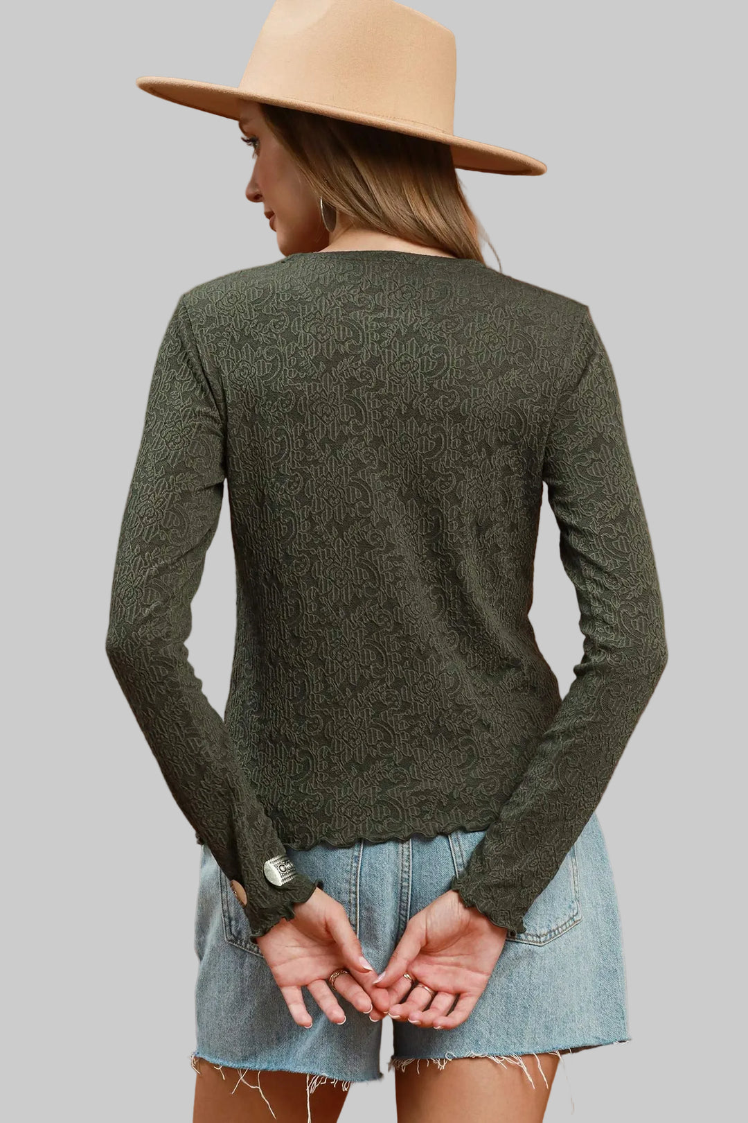 LONG SLEEVE TEXTURED FLORAL KNIT LETTUCE HEM TOP - OLIVE