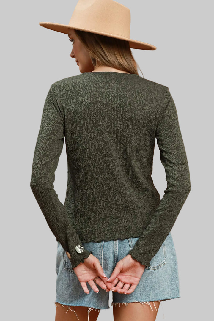 LONG SLEEVE TEXTURED FLORAL KNIT LETTUCE HEM TOP - OLIVE