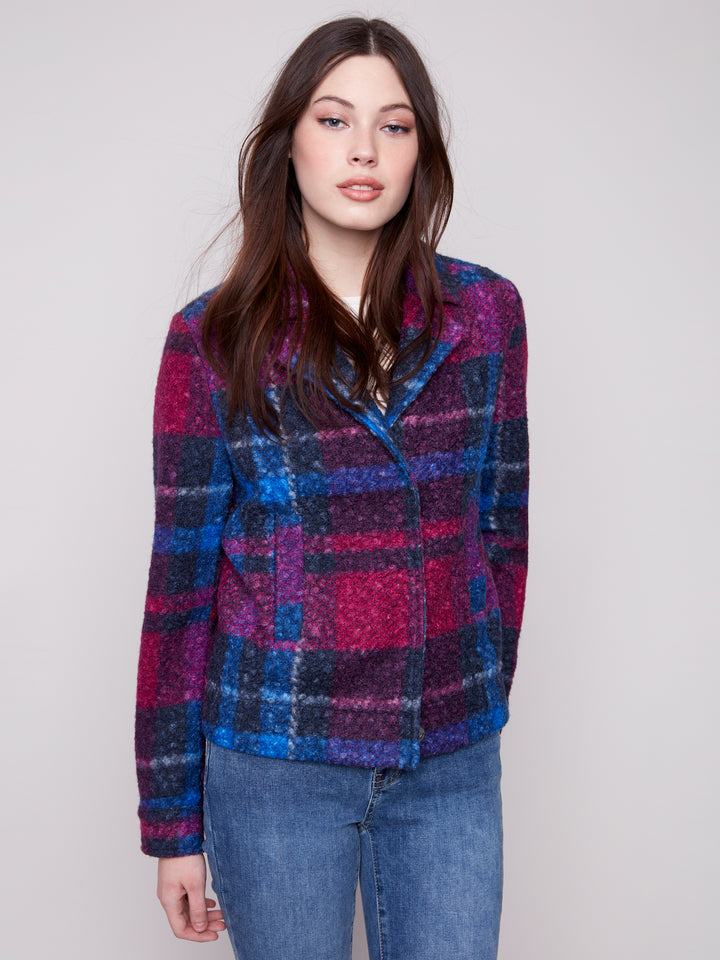 PLAID BOUCLE KNIT SHORT JACKET - NAVY