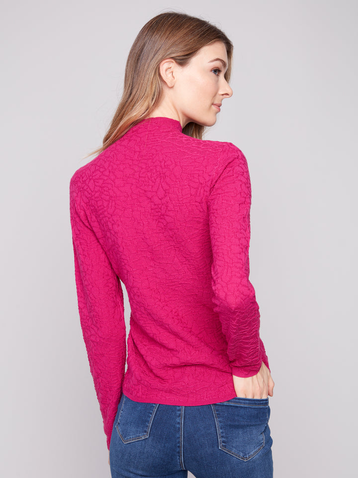 MOCK NECK TEXTURED SWEATER KNIT - HIBISCUS