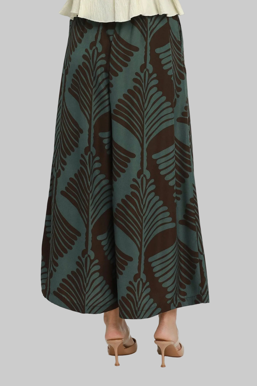 ABSTRACT BOTANICAL PRINT WIDE LEG PANTS - TEAL