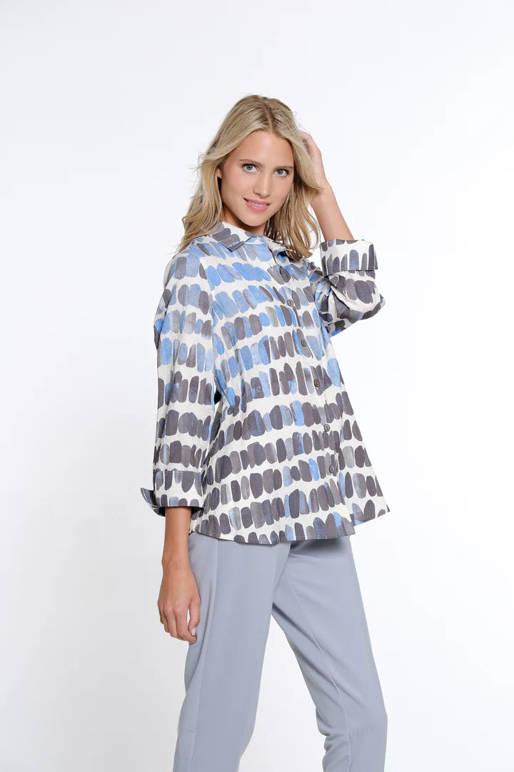 TURN-UP CUFF 3/4 SLEEVE BUTTON FRONT SHIRT - BLUE STONE PRINT