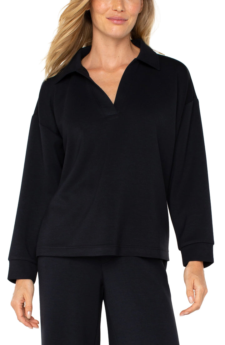 V-NECK COLLARED PULLOVER -  BLACK
