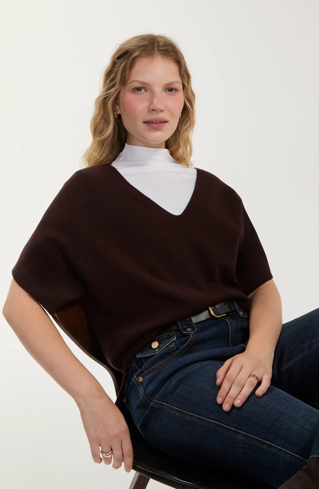 DOLMAN SHORT SLEEVE POPOVER SWEATER W/STEP - JAVA