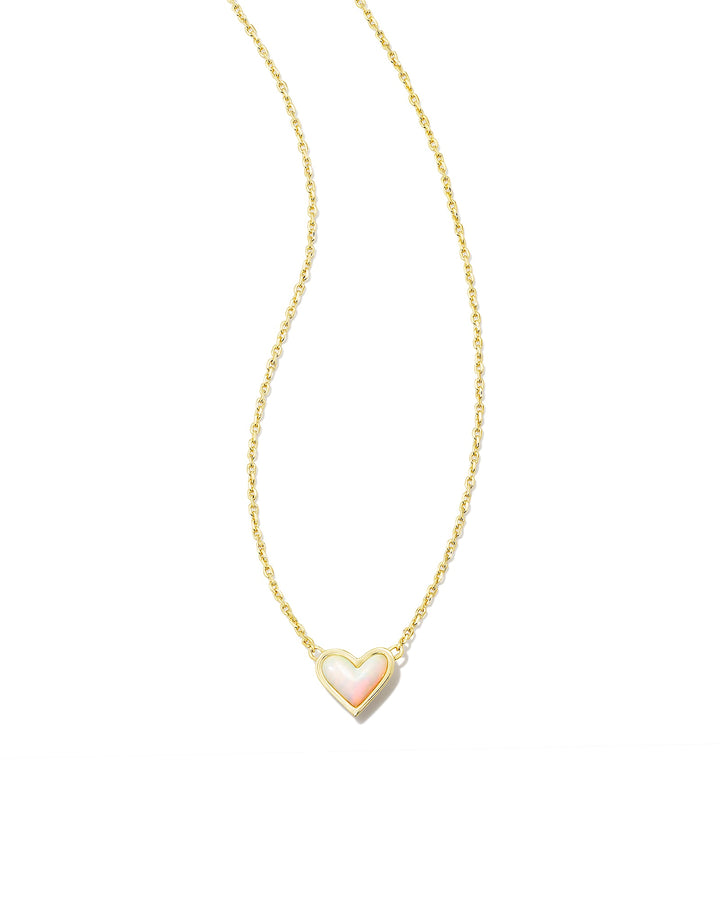 FRAMED ARI HEART SHORT PENDANT NECKLACE - GOLD WHITE OPALESCENT RESIN
