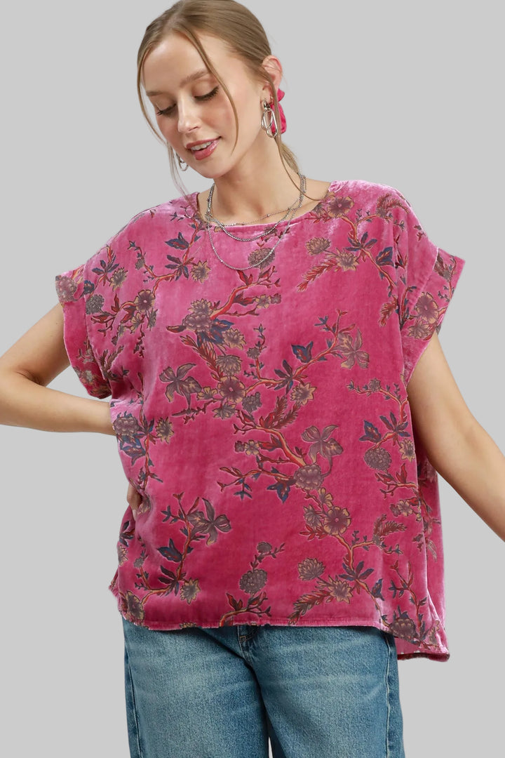 SHORT SLEEVE MIX FLORAL VELVET TOP - PINK MIX