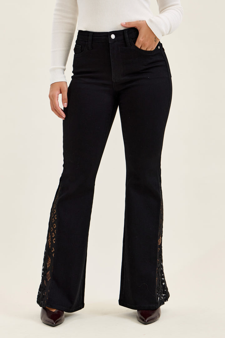 JUDY BLUE MR JAQUELINE LACE HEM FLARE JEANS - 33" INSEAM - BLACK SHADOW