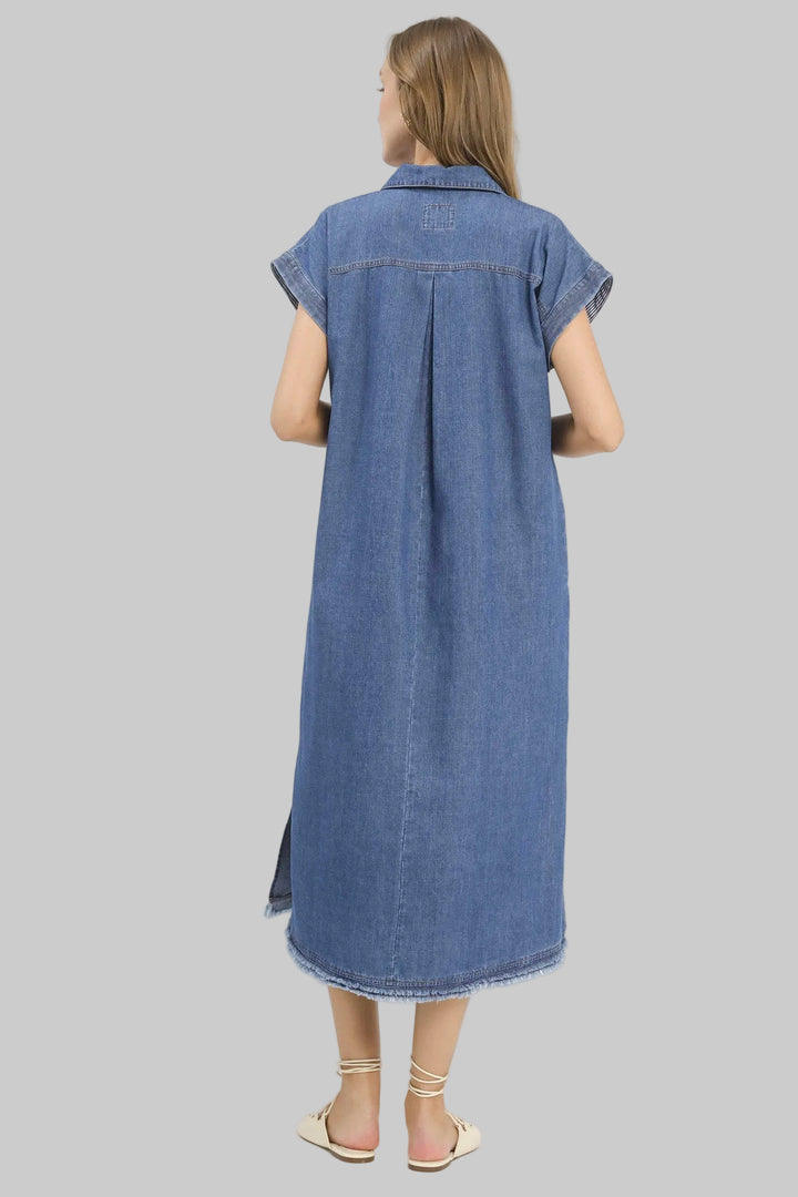 STONE WASHED COLLARED DENIM MIDI DRESS - DENIM
