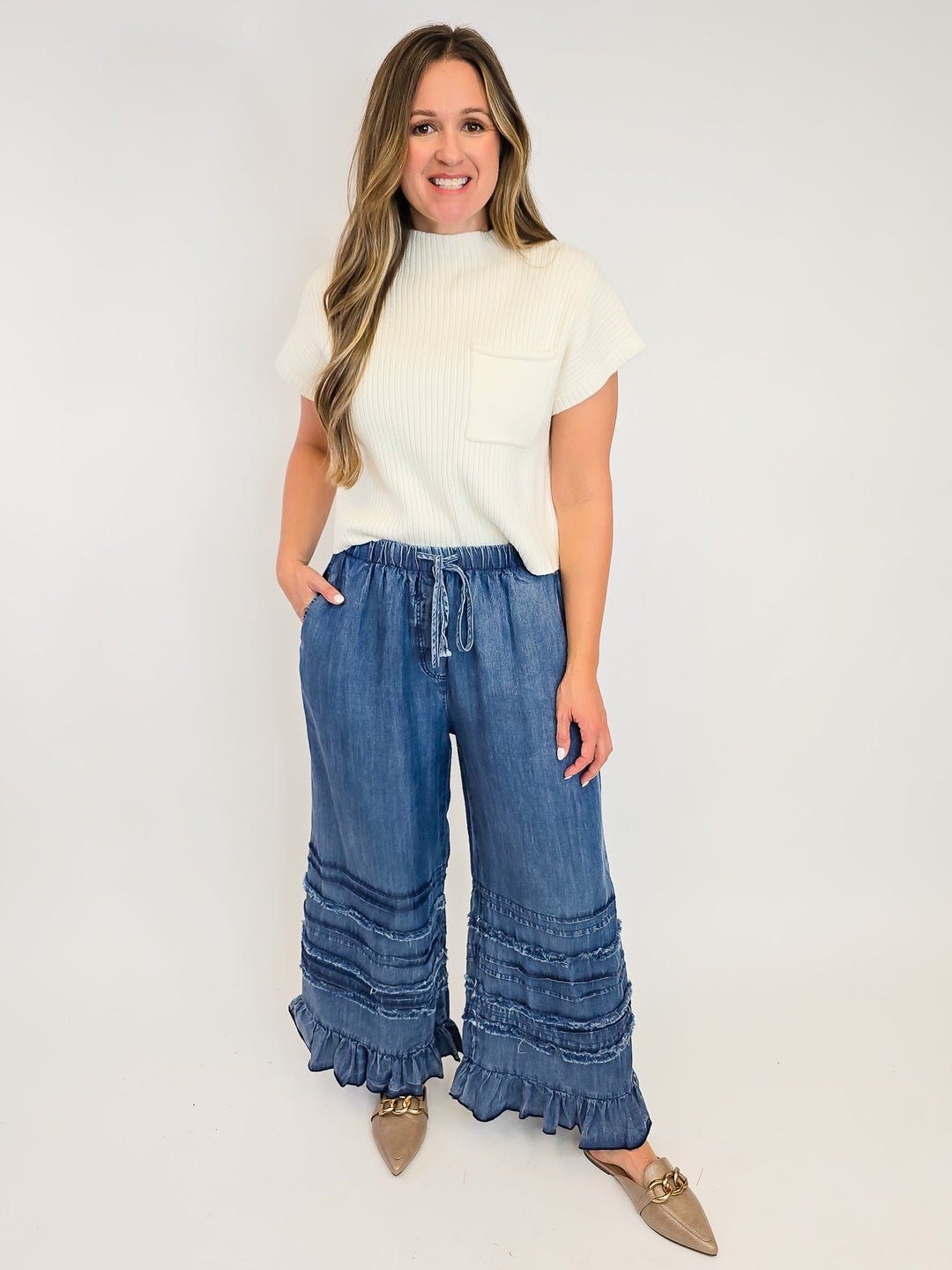 FRAYED WASHED RUFFLE HEM CHAMBRAY PANTS - DARK DENIM