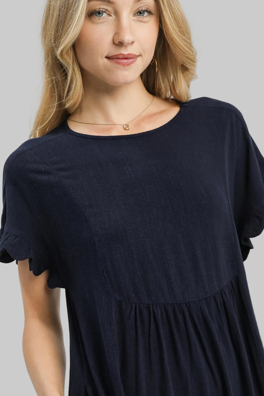 LINEN BLEND POCKET DRESS W/SCALLOPED EDGE - MIDNIGHT