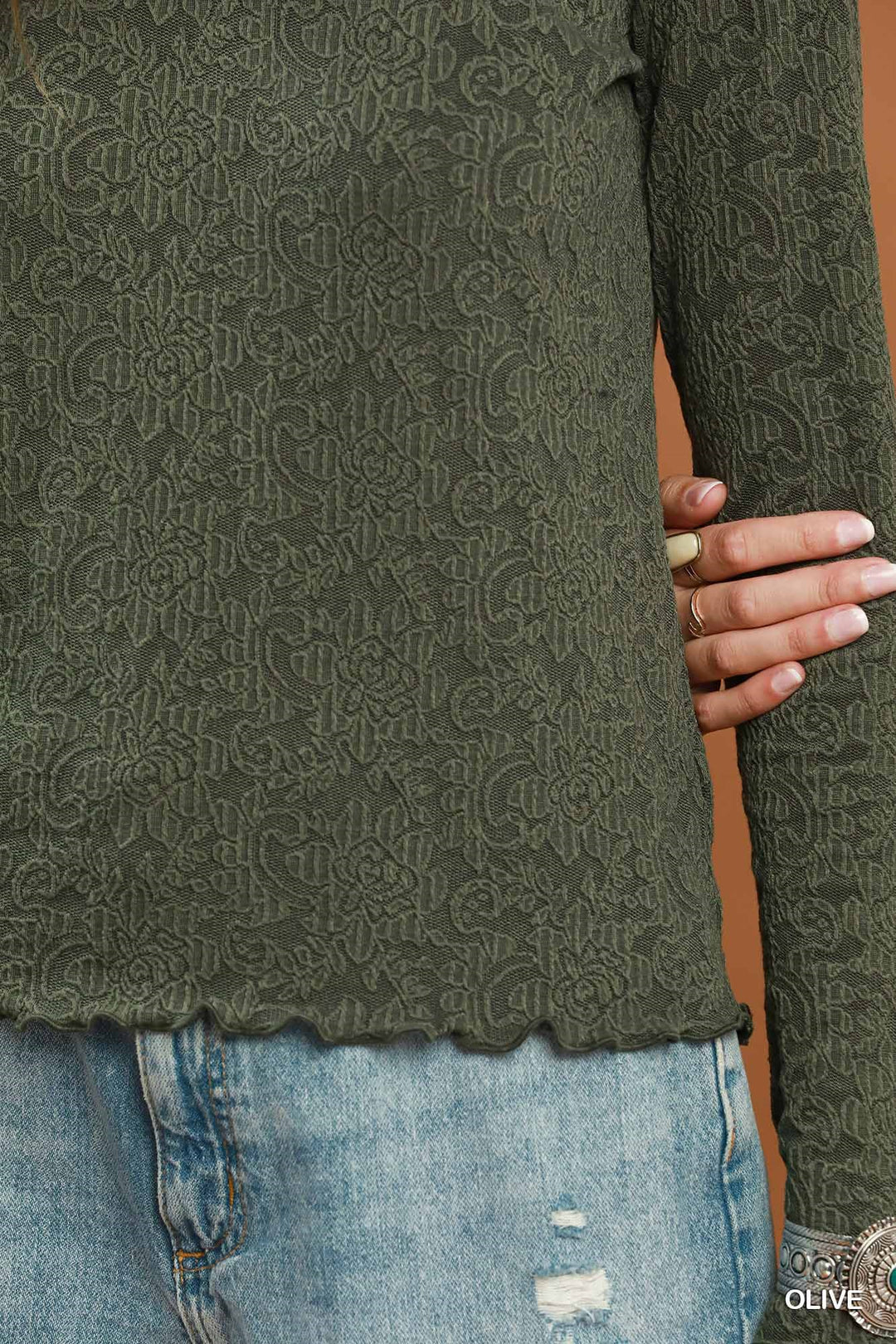 LONG SLEEVE TEXTURED FLORAL KNIT LETTUCE HEM TOP - OLIVE