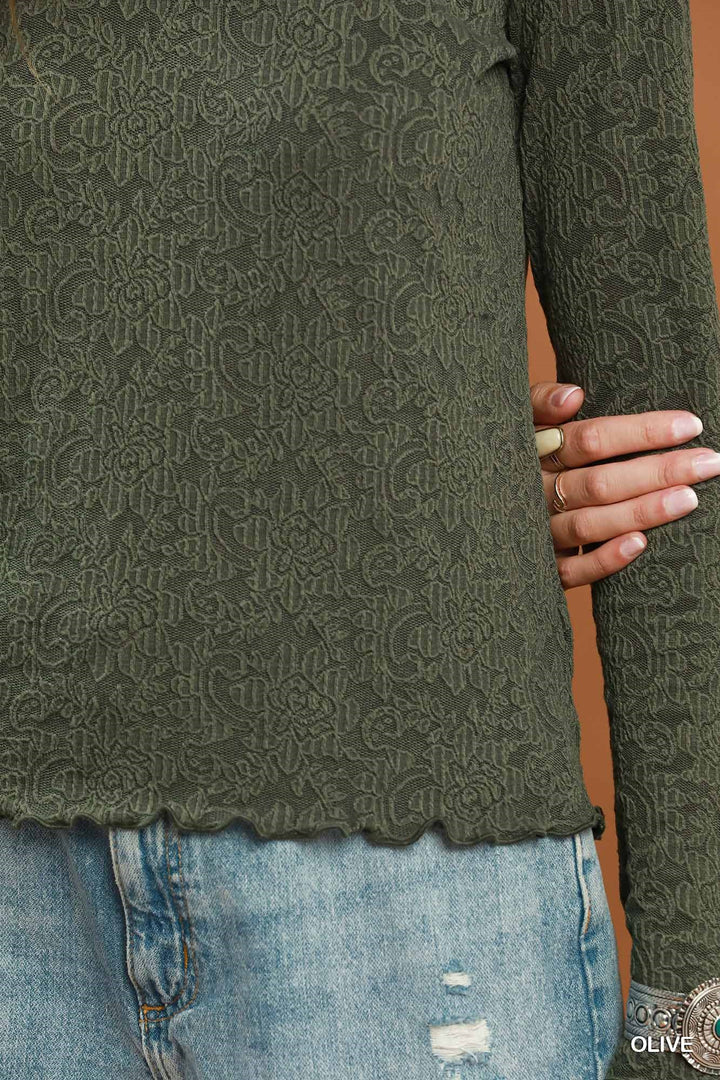 LONG SLEEVE TEXTURED FLORAL KNIT LETTUCE HEM TOP - OLIVE