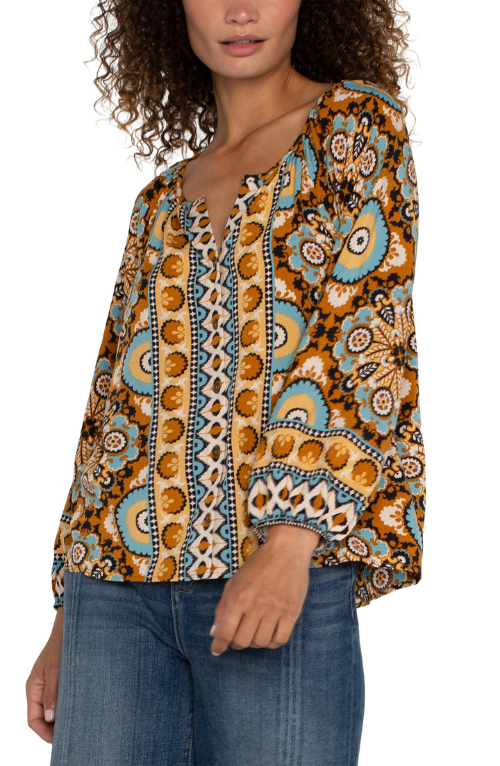 LONG SLEEVE BUTTON FRONT WOVEN BLOUSE - OCEAN JASPER