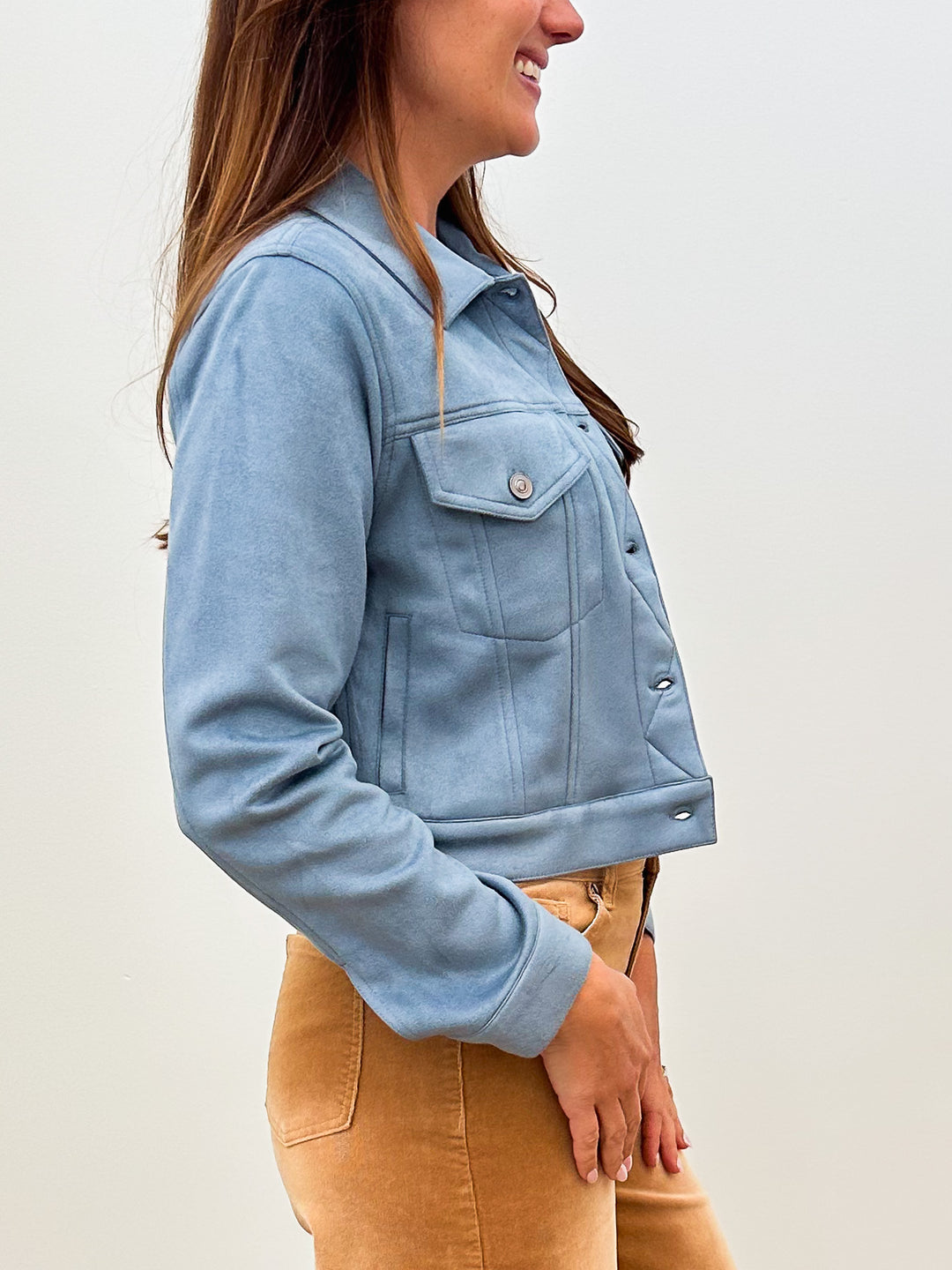 BUTTON UP SUEDE JACKET - STEEL BLUE