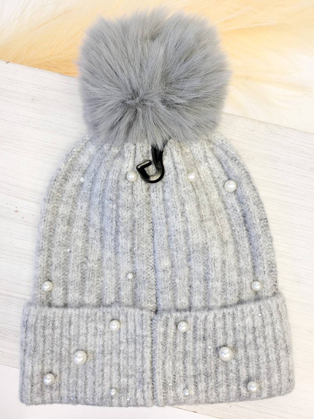 PEARL POM BEANIE HAT , LIGHT GREY