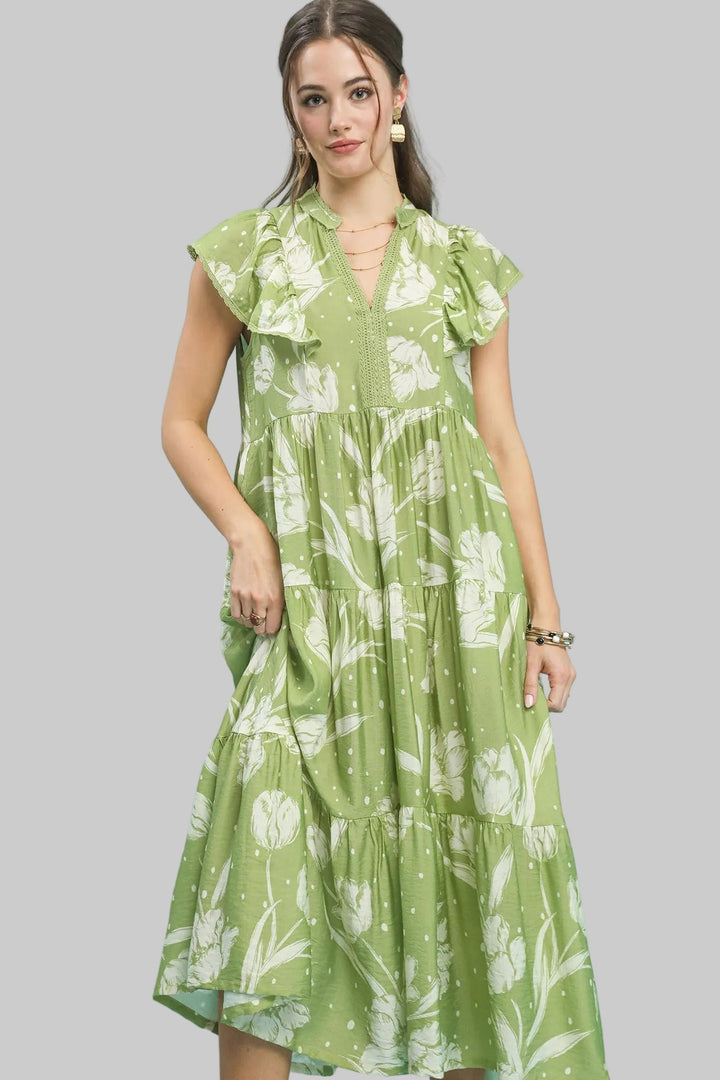 TWO TONE FLORAL PRINT MIDI DRESS - SAGE/CREAM