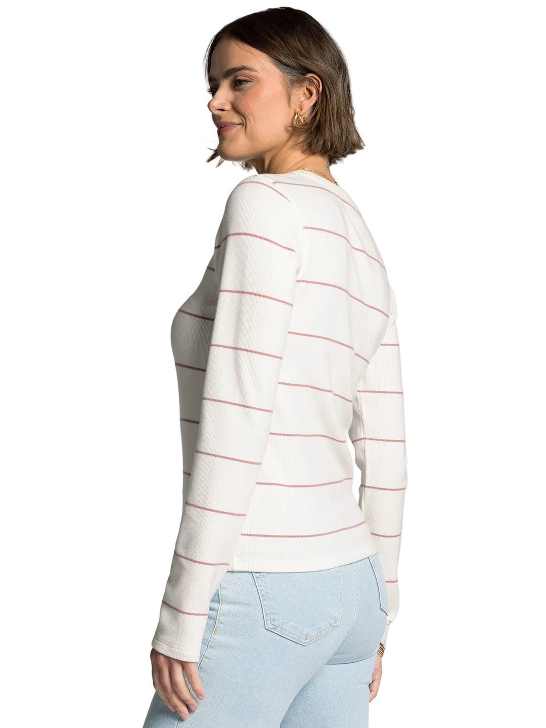 LONG SLEEVE CREW NECK ALDER TOP - IVORY ROSE STRIPED