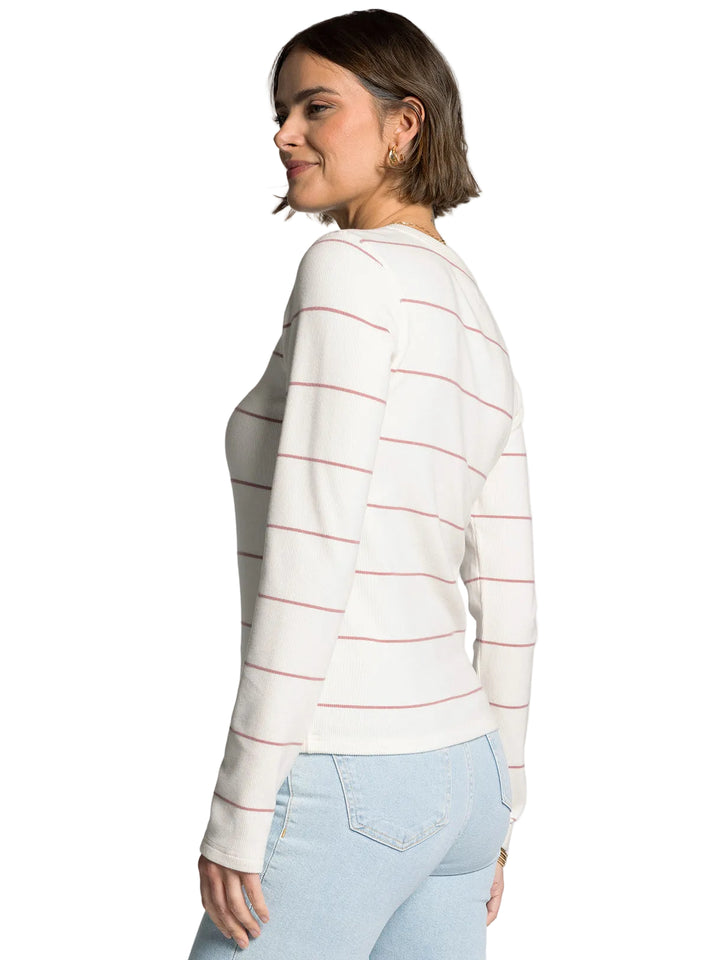 LONG SLEEVE CREW NECK ALDER TOP - IVORY ROSE STRIPED